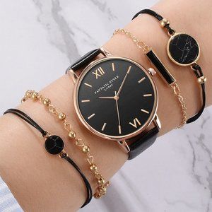 5pcs Set Top Style Women's Luxury Leather Band Analog Quartz Watch